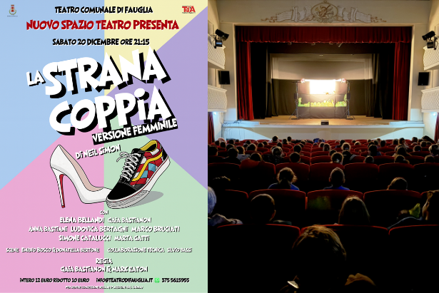 La locandina dello spettacolo e la platea del Teatro Comunale di Fauglia
