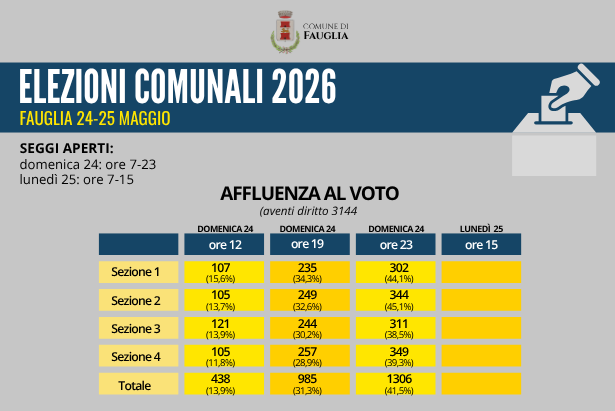 La tabella riassuntiva dell'affluenza fino alle 23 del 24 maggio 2026