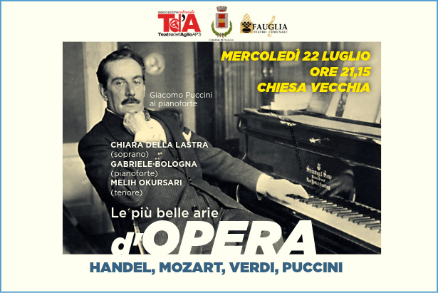 Giacomo Puccini al pianoforte nella grafica che annuncia la serata lirica di mercoledì 22 luglio