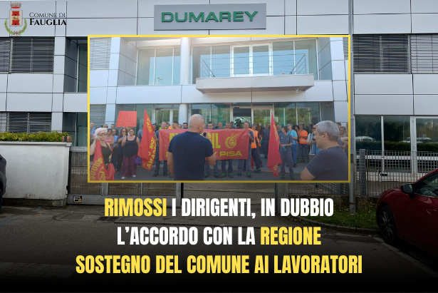 La grafica mostra la sede della Dumarey e l'assemblea dei lavoratori di stamani