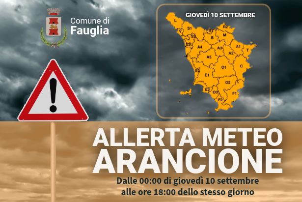 La grafica indicante l'allerta arancione per temporali su tutta la Toscana