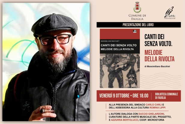 Massimiliano Bacchiet e la grafica con cui si annuncia la presentazione del suo libro